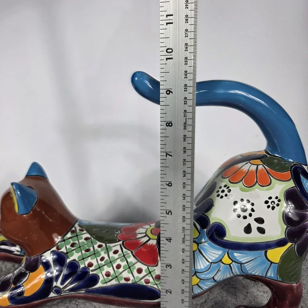 Talavera Cat Figurine Mexican Pottery Art Hand Painted 16.5 x 5 X 9.5 In